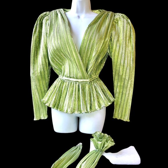 Vintage 80's Metallic Peridot Accordian Pleats Evening Blouse Belt Flower - Picture 3 of 14